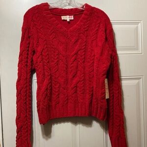 Hazel Moon Red V-Neck Cable Knit Sweater L NWT